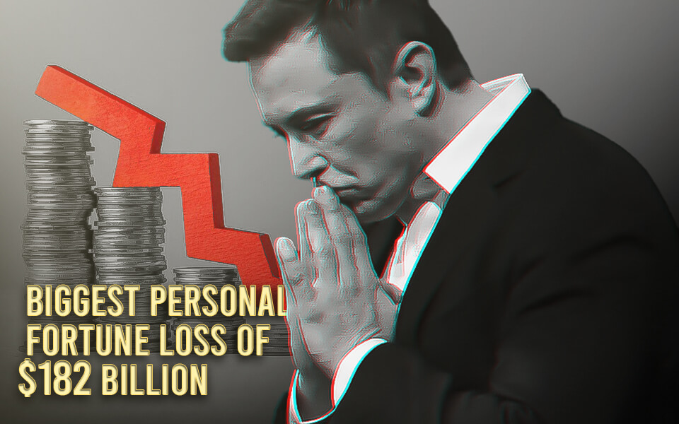 Elon Musk encountered the biggest personal fortune loss of $182 billion, making a world record
